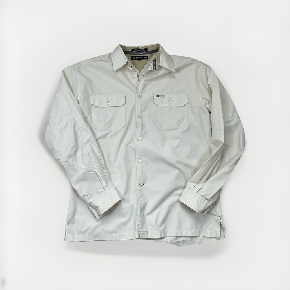 Tommy Hilfiger Mens Size XL Tan Long Sleeve Button‎ Up Shirt Cotton Nylon Blend